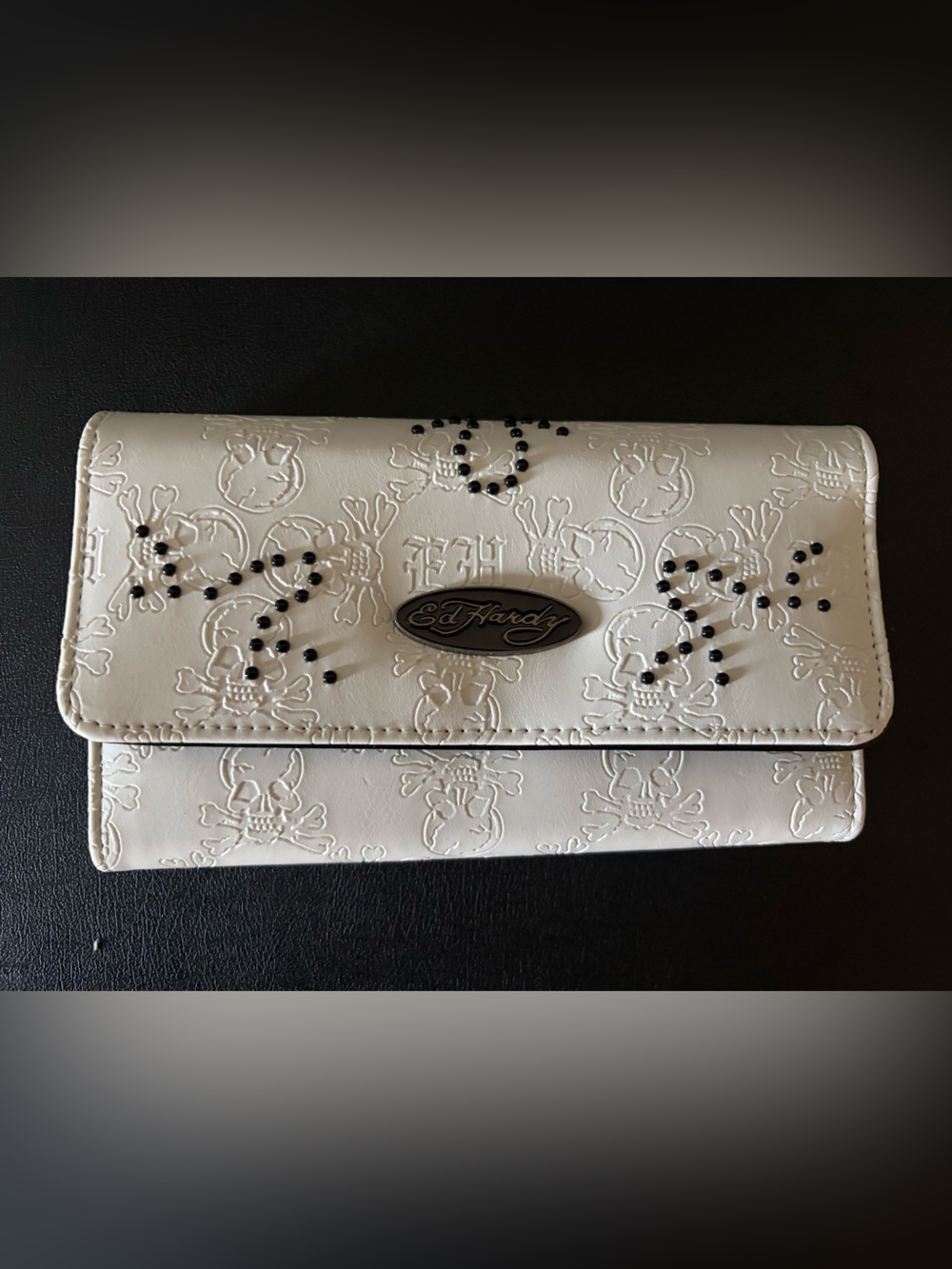 🆕 Ed Hardy White Embossed Skull Wallet with Black Stud Accents